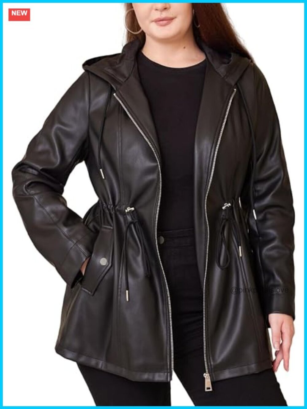 Faux Leather Plus Size Hooded Moto Biker Jacket with Drawstring